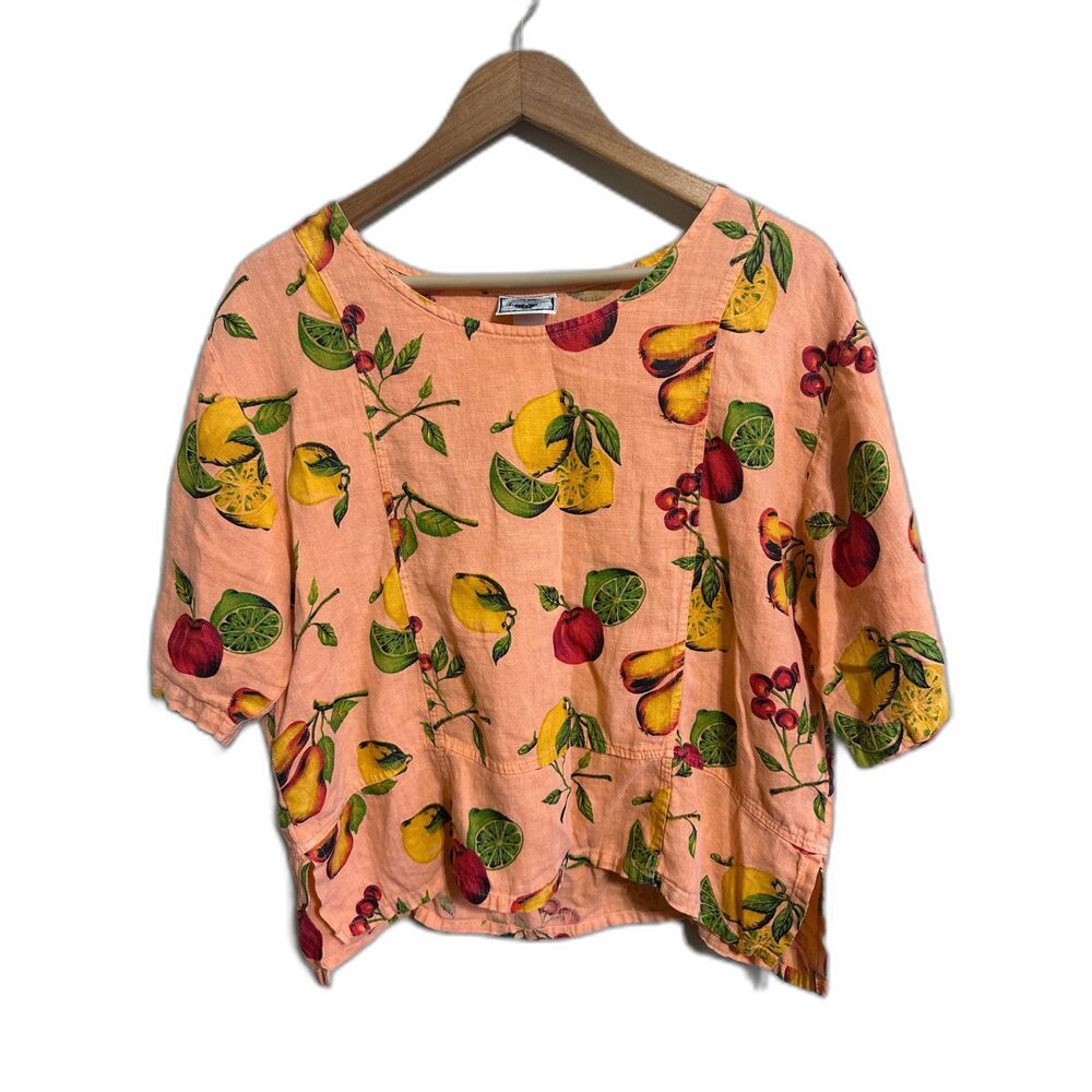 VTG Tom Tom Orange Fruit 100% linen top medium art to wear